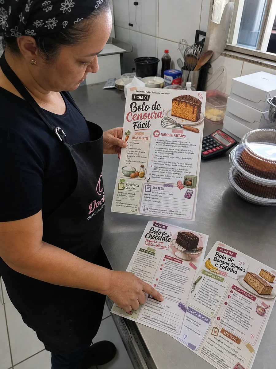 Material impresso do Festival de Fatias: 50 Receitas para Vender sendo usado de verdade