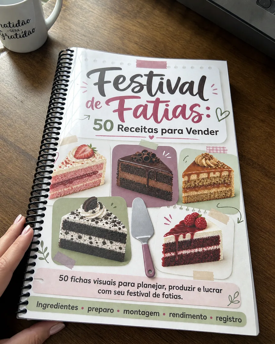 Material impresso do Festival de Fatias: 50 Receitas para Vender sendo usado de verdade
