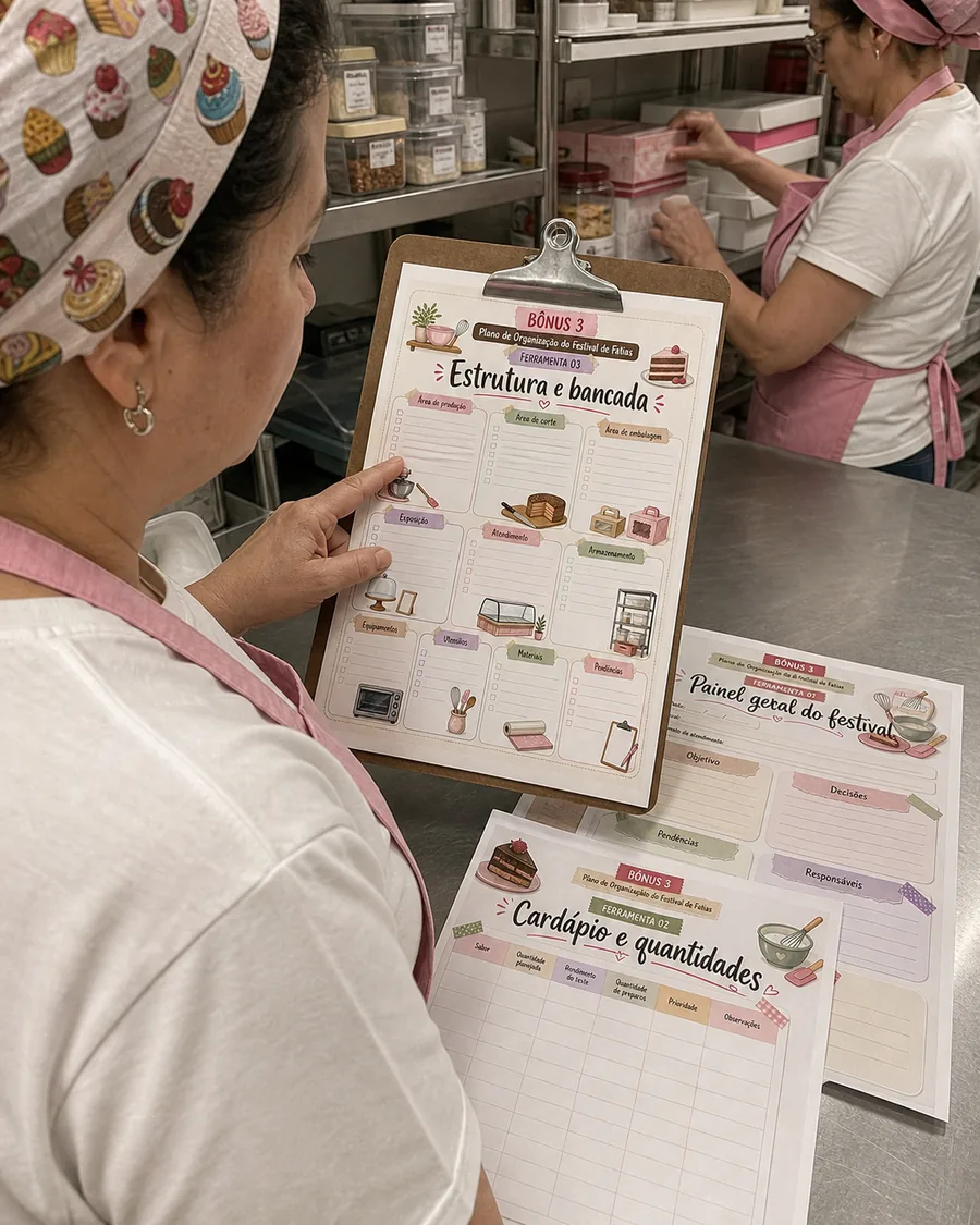 Material impresso do Festival de Fatias: 50 Receitas para Vender sendo usado de verdade