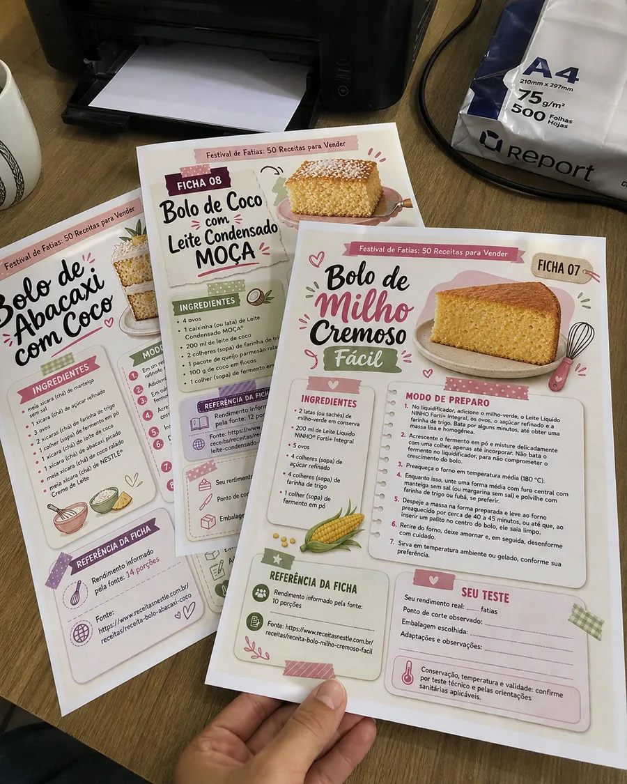 Material impresso do Festival de Fatias: 50 Receitas para Vender sendo usado de verdade